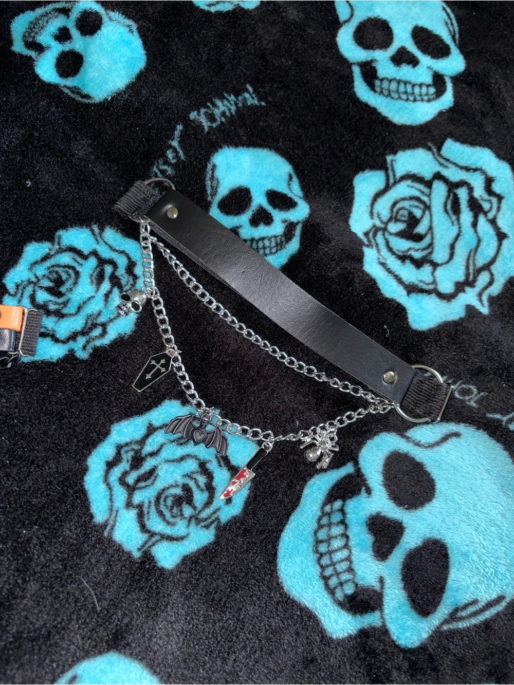 Hot Topic Black Faux Leather Choker with Silver Gothic Charms